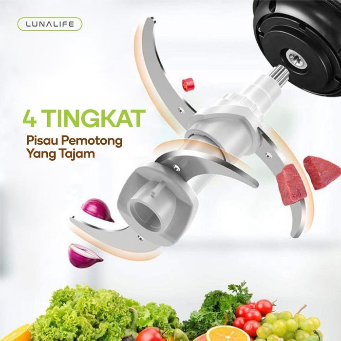 LUNALIFE Blender Chopper FP02B Chopper Kaca 2L Penggiling Daging Multifungsi 300Watt Pisau Dapat