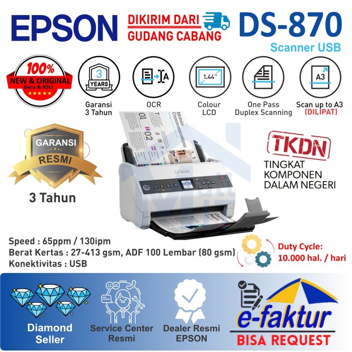 Scanner EPSON WORKFORCE DS-870 DS870 DS 870 A3 Dilipat Garansi Resmi