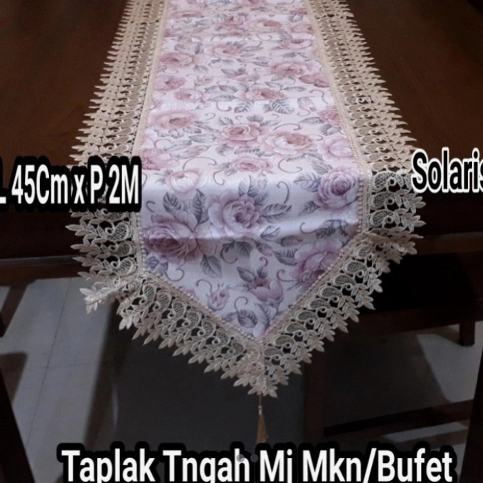 Terlaris Taplak Tengah meja Makan Kain panjang 2M Crem Runner Sheby Model Renda SALE