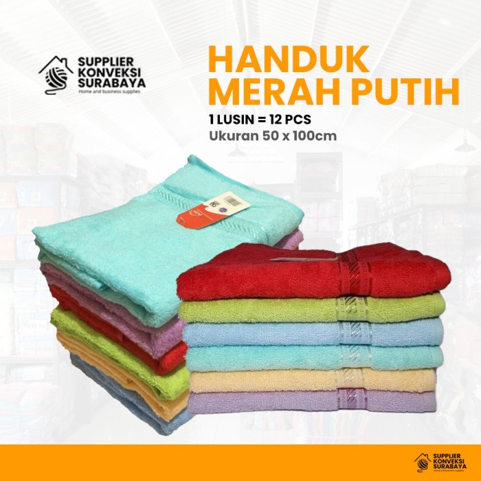 Grosir Lusinan Handuk Mandi Sedang Merah Putih Ukuran 50 X 100Cm
