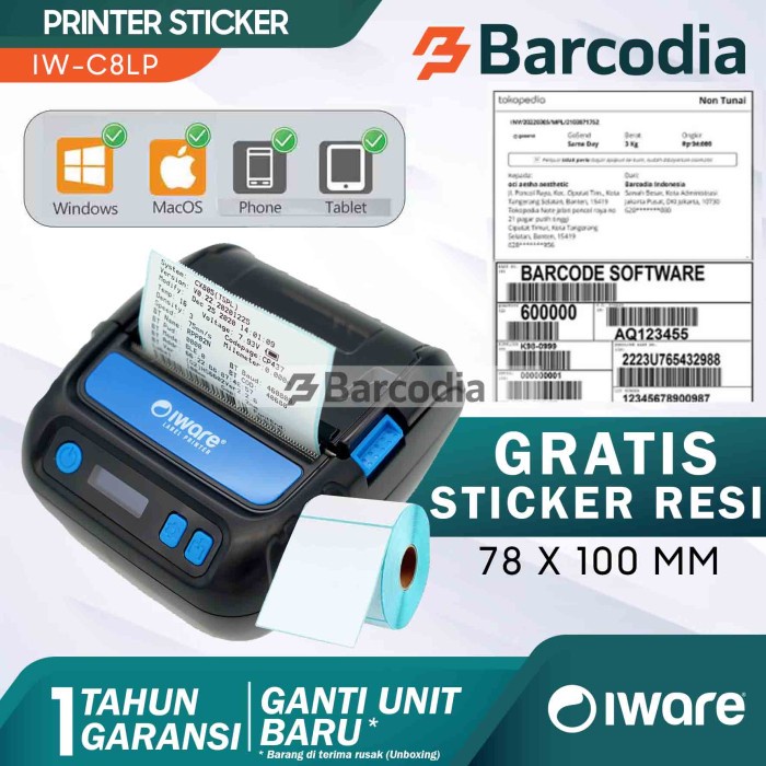 PRINTER LABEL BLUETOOTH+USB THERMAL 80MM IWARE IW-80LP ALAMAT ONLINE