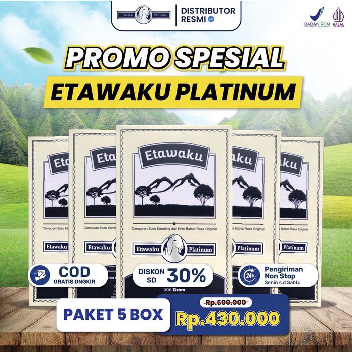 

terbaru !!! etawaku platinum - paket 5 box susu kambing bubuk spesial pernapasan 200gr/box - sudah