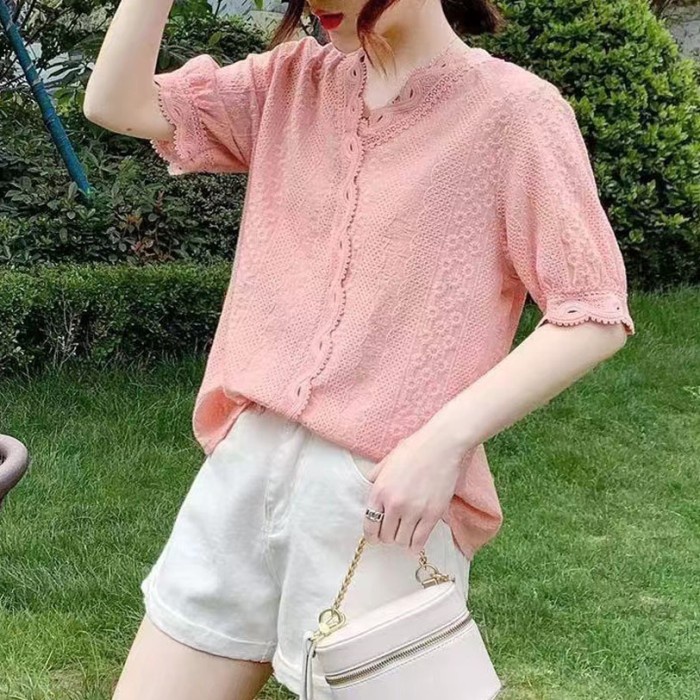 Blus Katun Brukat Bordir Hijau Mint Kuning Ungu Putih Pink Salem V Neck Lis Kepang Import New