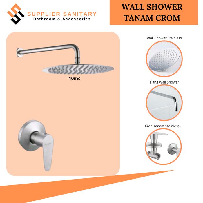 SHOWER TANAM STENLIS SUS 304 PEKET STOP KRAN DINDING/WALL SHOWER/HEAD SHOWER Tiang Pipa
