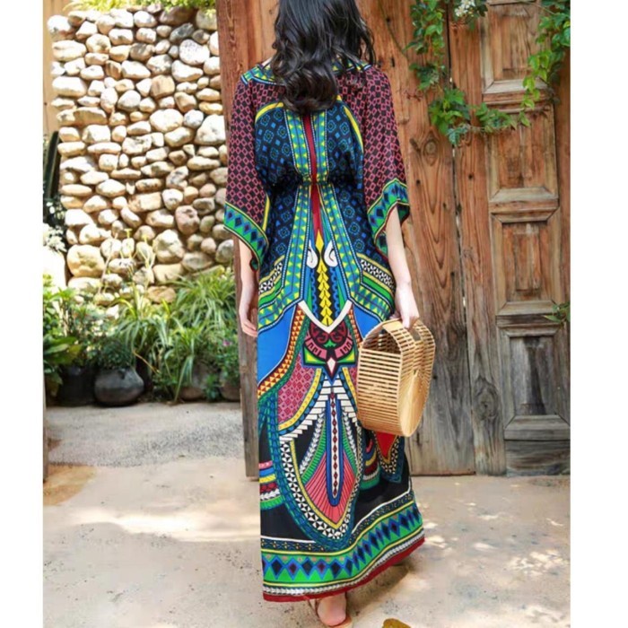 Maxi Long Dress Baju Terusan Wanita Musim Panas Liburan Baju Panjang Bali Pantai Vintage