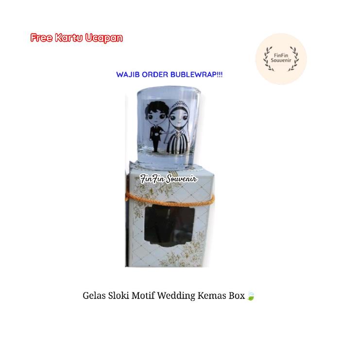 Souvenir pernikahan 50pcs gelas sloki motif wedding kemasan box free tali