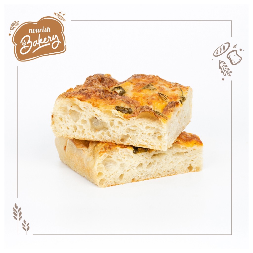

Focaccia Triple Cheese Jalapeno - 100% Sourdough Focaccia Long Fermentation Slice