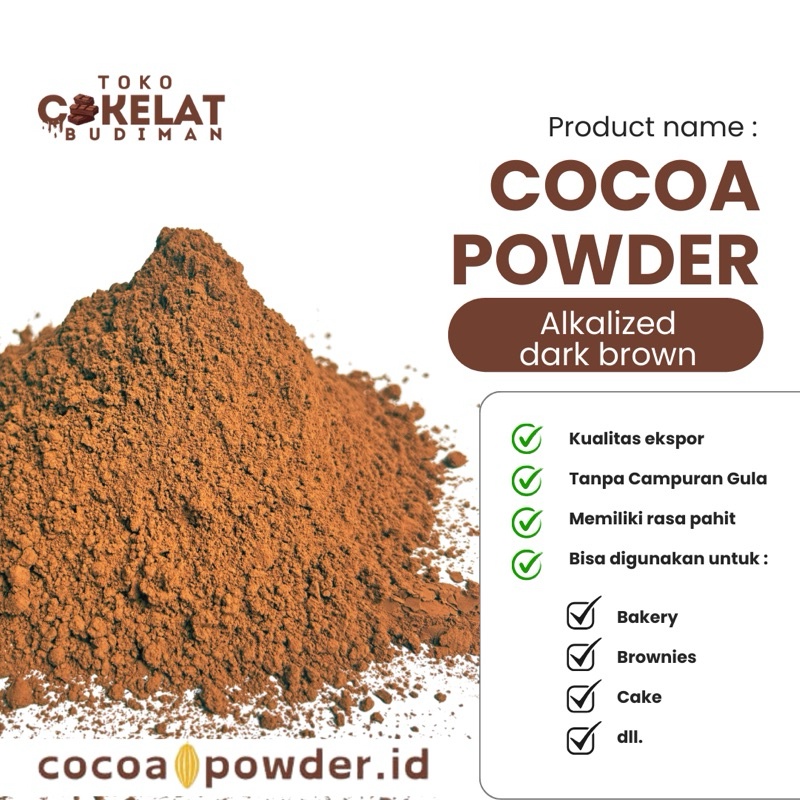 

Cocoa Powder Premium Alkalized Dark Brown 1kg Coklat Bubuk Khusus Bakery Ekspor Quality