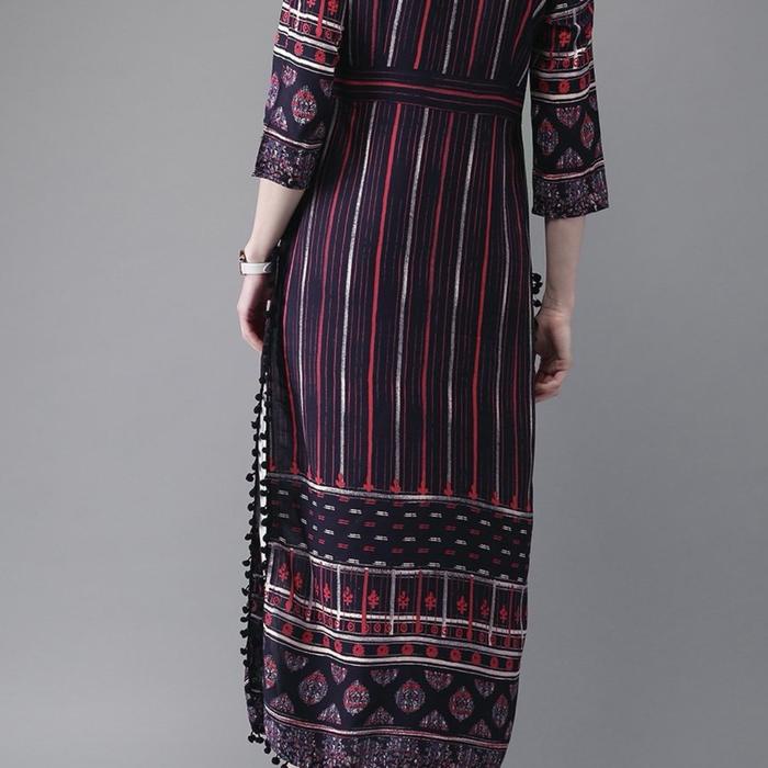 Laqueens Anouk Navy Stripe Baju India Atasan Dewasa Kurta India Remaja High Slit Navy Stripe Dress