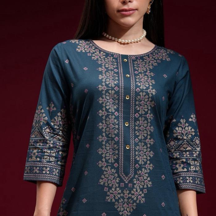 Laqueens Vishudh Teal Blue Atasan Baju India Kurti Kurta Single Motif Print Gold Dewasa Remaja