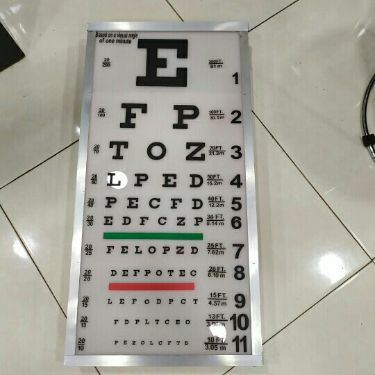 Snellen chart alat tes mata.dibuat bahan acrilik + remot jarak 10 mtr
