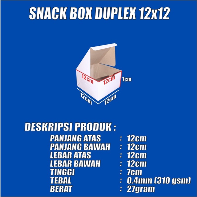 

Snack Box Tebal 12x12 / 12x14 / 12x16 Dus Kue Duplex Putih Kraft Coklat Per Pack