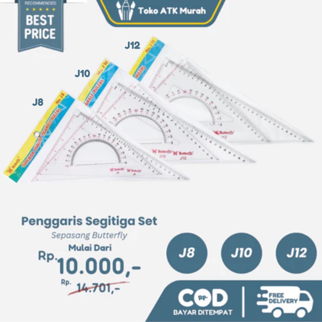 

iK! Penggaris Segita Set Sepasang Butterfly J12 no.12 / J10 no.10 / J8 no.8 TERLARIS/TERMURAH
