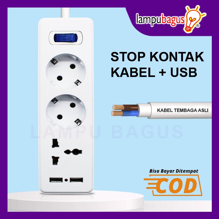 Stop Kontak Kabel 2 Lubang + Colokan Kaki 3 & Usb