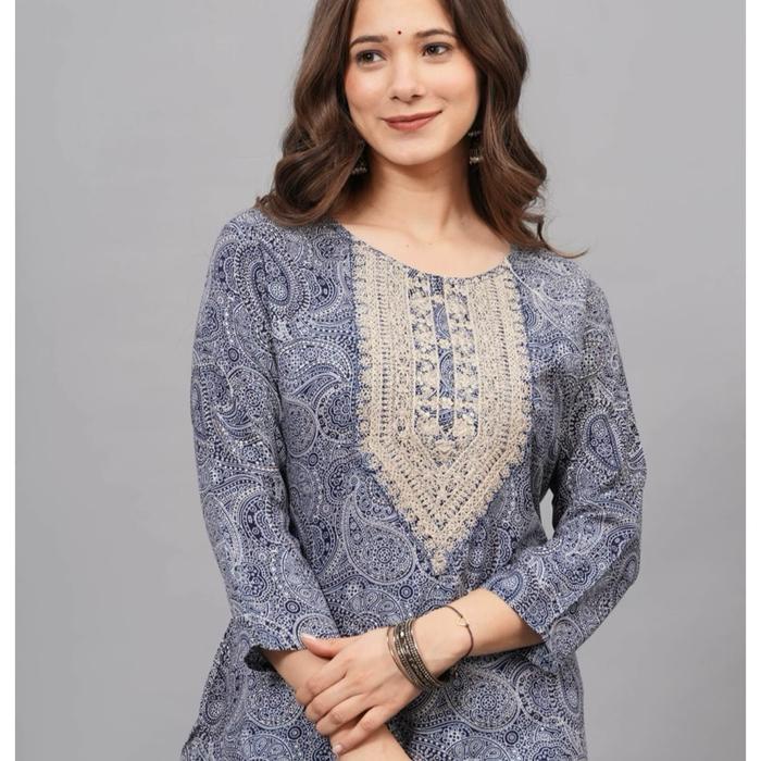 Terbaru Laqueens Kurti Kurta Baju India Dewasa Remaja Bordir Motif Print Ethnic Biru Navy Dress