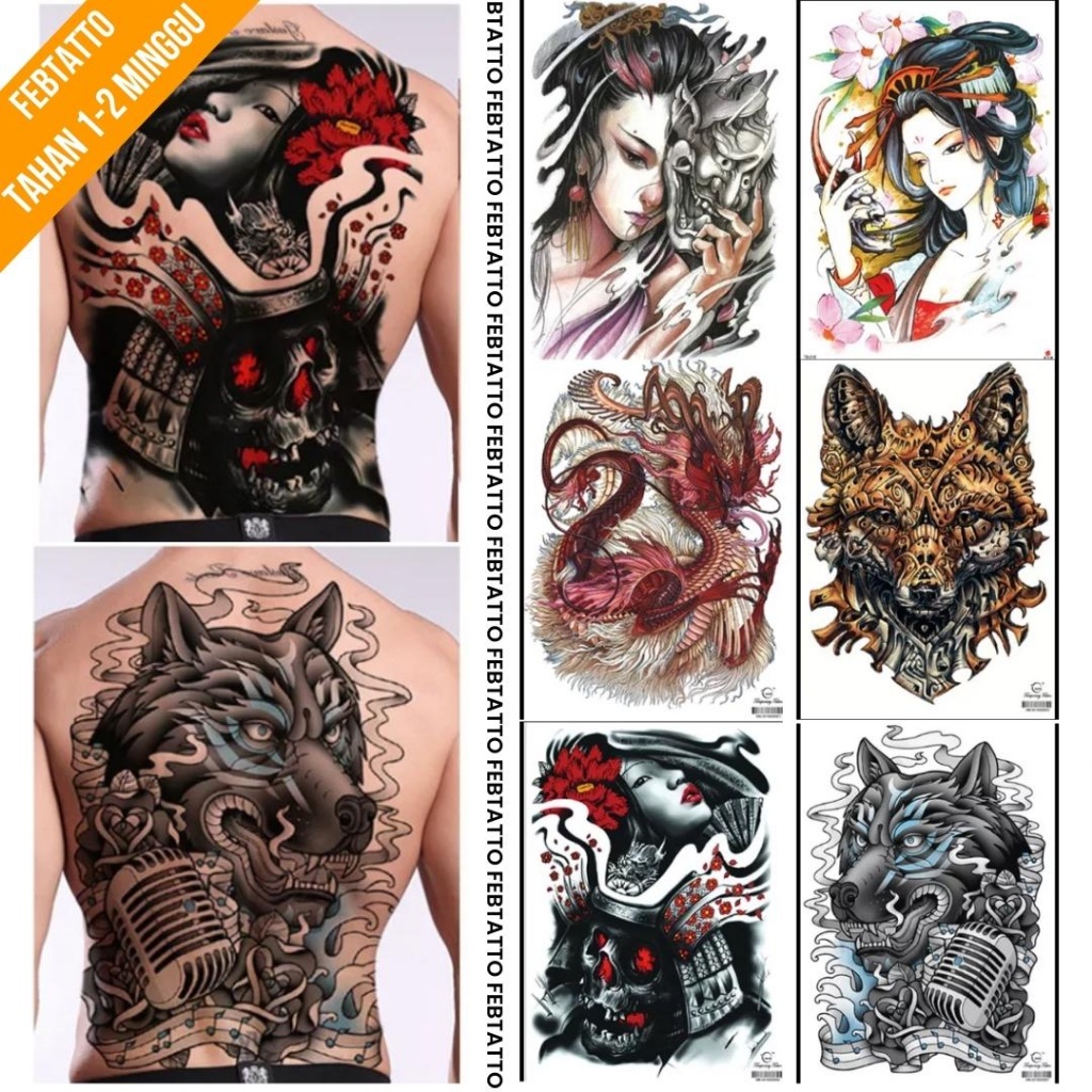 Tato Temporer Full Punggung 34x48cm Tato Ghesia, Naga, Serigala MB 004 MB007