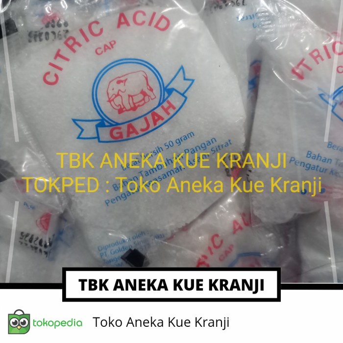 

HJK Citric Acid cap Gajah/Citroen Zuur per pak 50 gram x 20 pcs