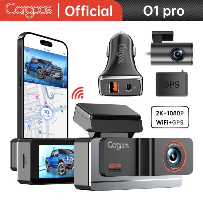 Cargoos O1 Pro 2K Gps Dashcam Mobil 2K+1080P Wifi Gsensor Night Vision
