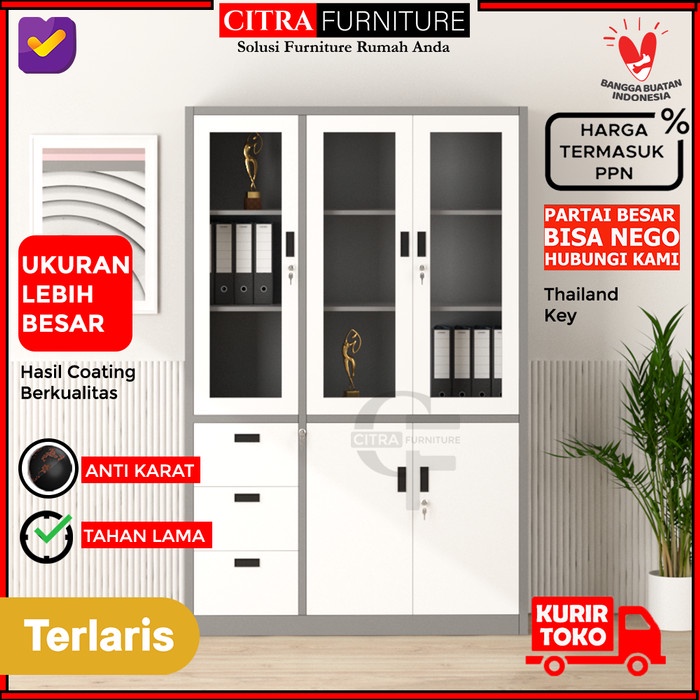 

ATKJaya- SHUMO Lemari Arsip Besi 3 pintu kaca laci 3 Filling Cabinet Kantor