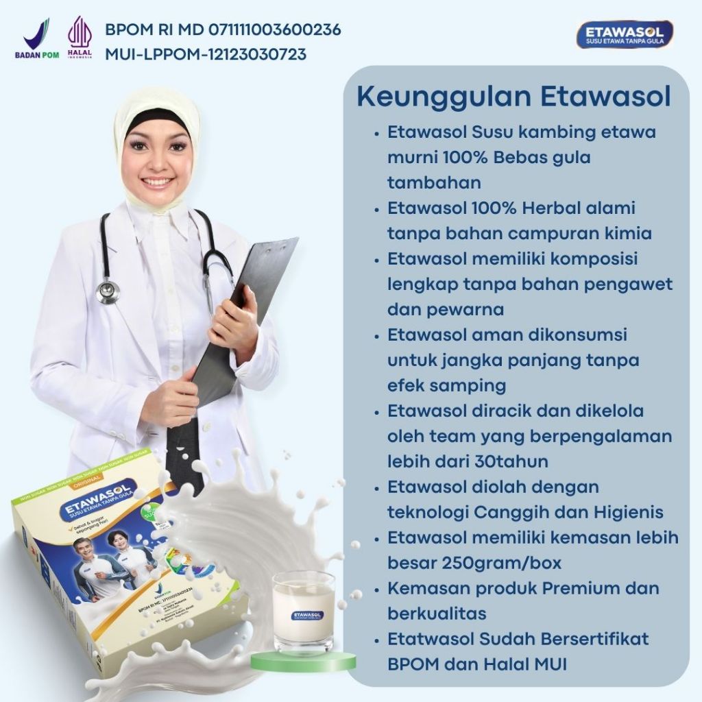 

Etawasol Susu Kambing Etawa Tanpa Gula Untuk Diabetes Hipertensi, dan Nyeri Sendi Kemasan 250gr