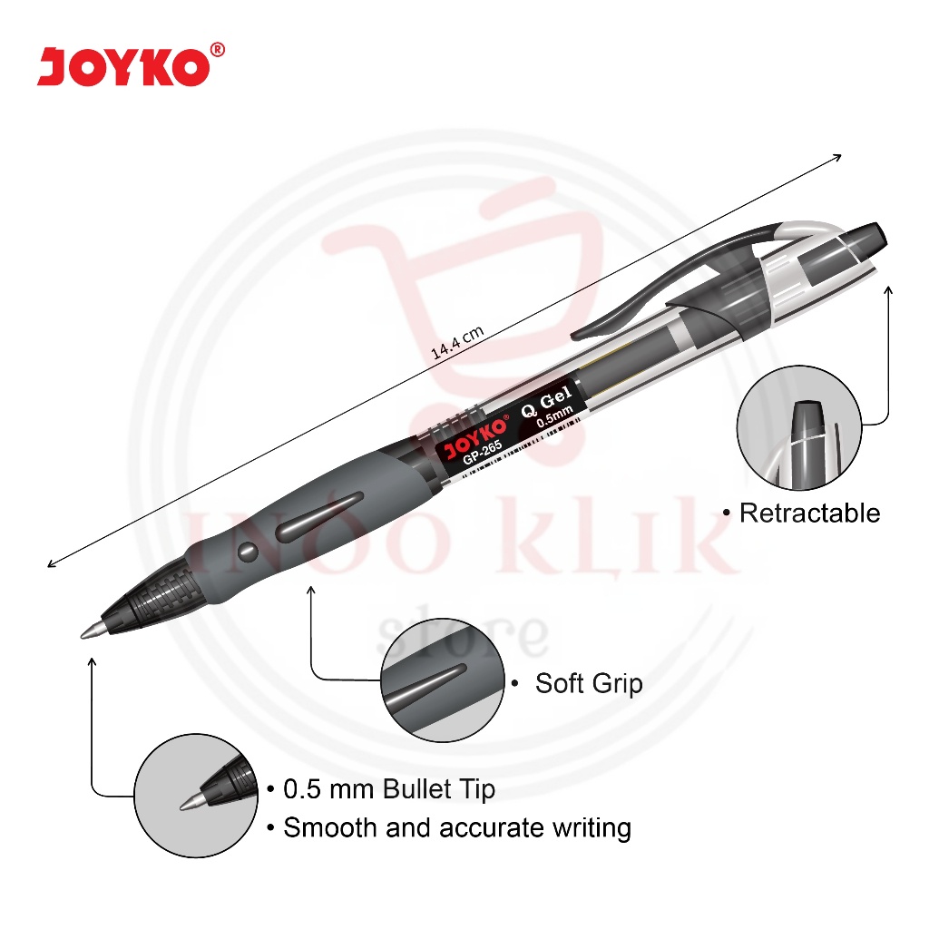 

Pulpen Q Gel Joyko GP-265 / Ballpoint Q Gel 0.5 mm GP 265 / Pen Cetek Joyko Hitam Biru Merah Murah