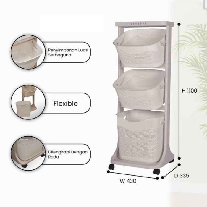 Keranjang Laundry 3 Susun Roda / Rak 3 Susun Plastik Olymplast