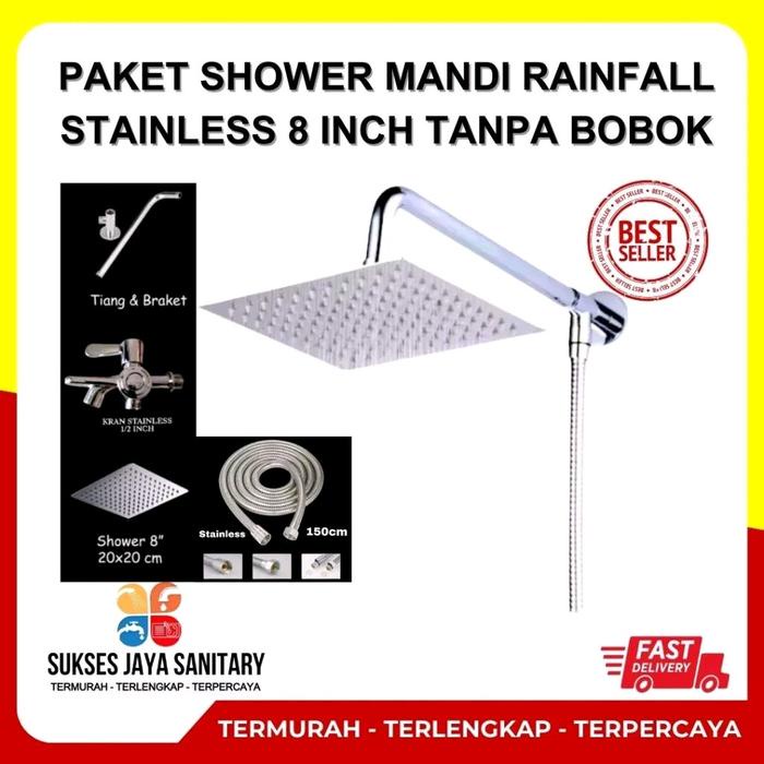 Shower Kamar Mandi Rainfall 8 Inch Stainless Satu Set / Shower Mandi Tanpa Bobok Gratis Kran Cabang