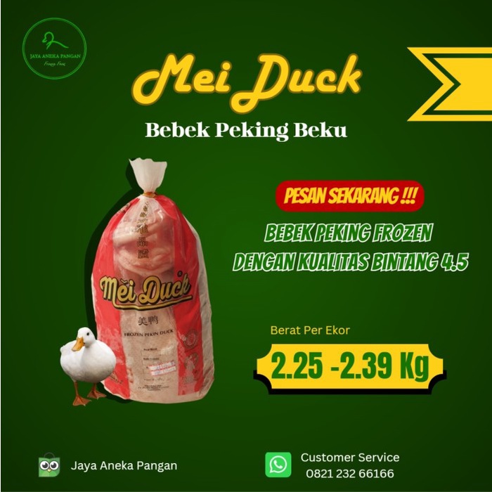 

Promo Terbatas Bebek Peking Mei Duck (2,24-2,39 Kg) Daging Beku Frozen Hibrida Muda Aman