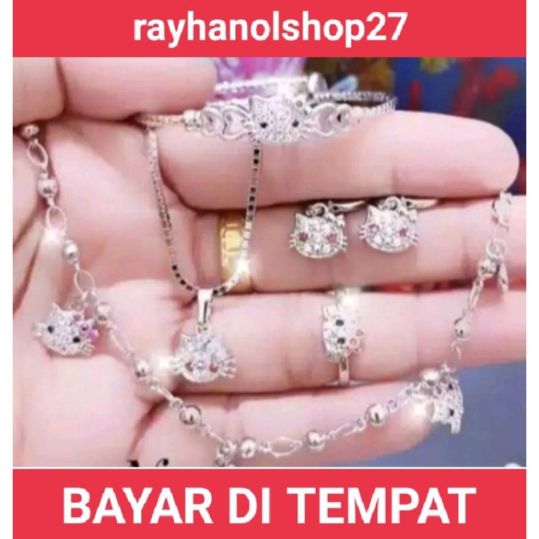 accDKI- SET PERHIASAN ANAK HELLO KITTY SILVER TITANIUM ASLI BAHAN LAPIS EMAS PUTIH ANTI PUDAR