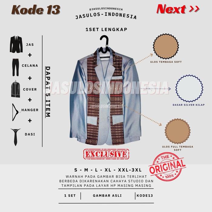 JAS ULOS BATAK PRIA SETELAN LENGKAP DASAR ABU SILVER CORAK FULL TEMBAGA STRIP MERAH