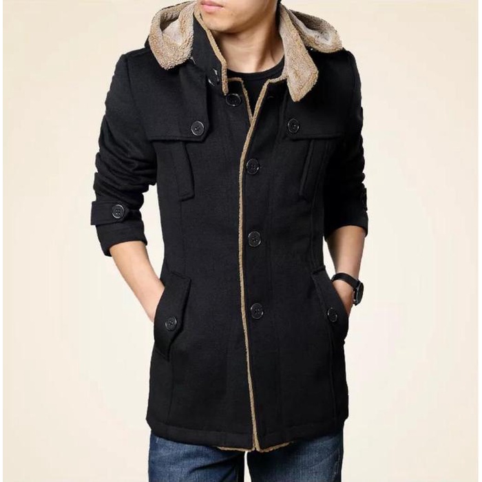 Coat Wool Suede Pria Hoodie Bisa Lepas