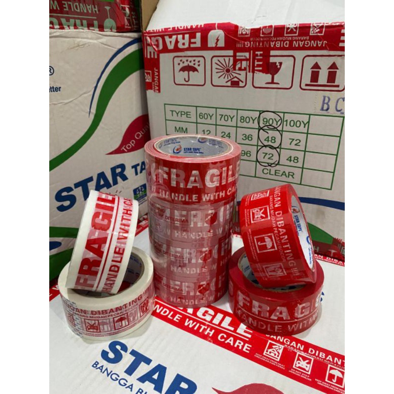 

(6 pcs) Lakban Fragile Merah, Putih & Merah Putih 2inch (48mm x 100y) Opp/Isolasi Fragile Video
