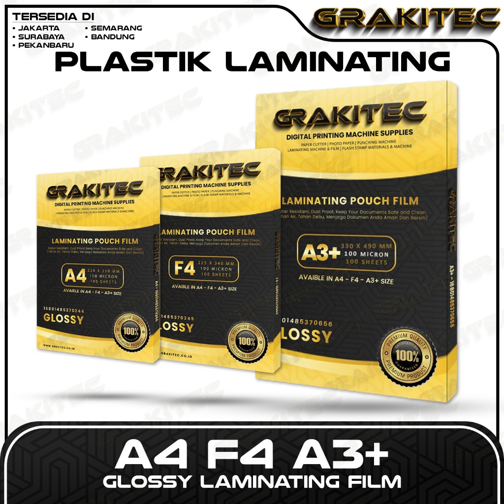 

Plastik Laminating FIlm A4 / F4 / A3+ Glossy 100 MICRON 100 PCS Grakitec