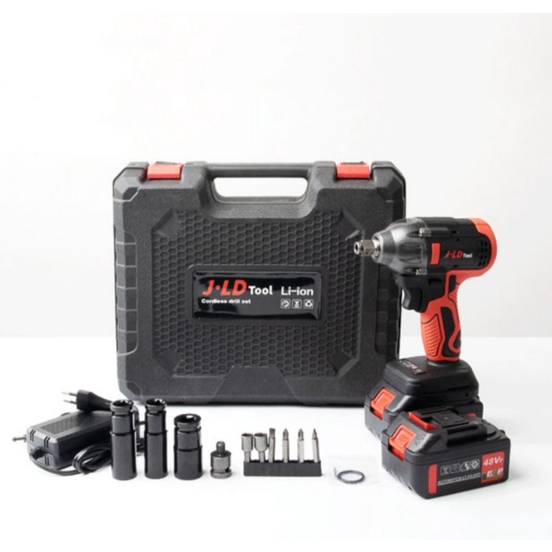 JLD IMPACT WRENCH CORDLESS - MESIN BOR 48V 2 BATERAI JV88 J.LD TOOL MERAH