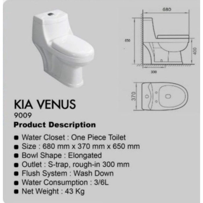 CLOSET / KLOSET / TOILET DUDUK KIA KW1 VENUS 9009 ONE PIECE WHITE