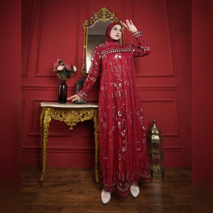 Meera - Isyana Dress Brokat Wisuda Wanita Remaja Semi Outer Bahan Tile Brokat Mix Tile Dot Mewah