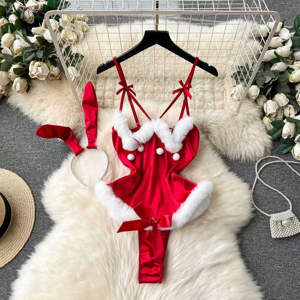 New In Women'S Secret Clothes Christmas Red Top Sexy Patchwork Bodysuit Cosplay Erotic Lingerie