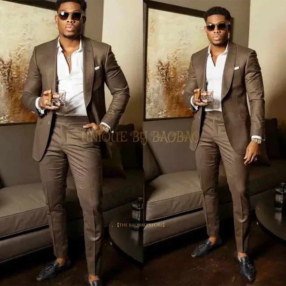 Men'S Brown 2-Piece Suit (Jacket + Pants) Shawl Collar Single-Breasted Blazer Wedding Cocktail
