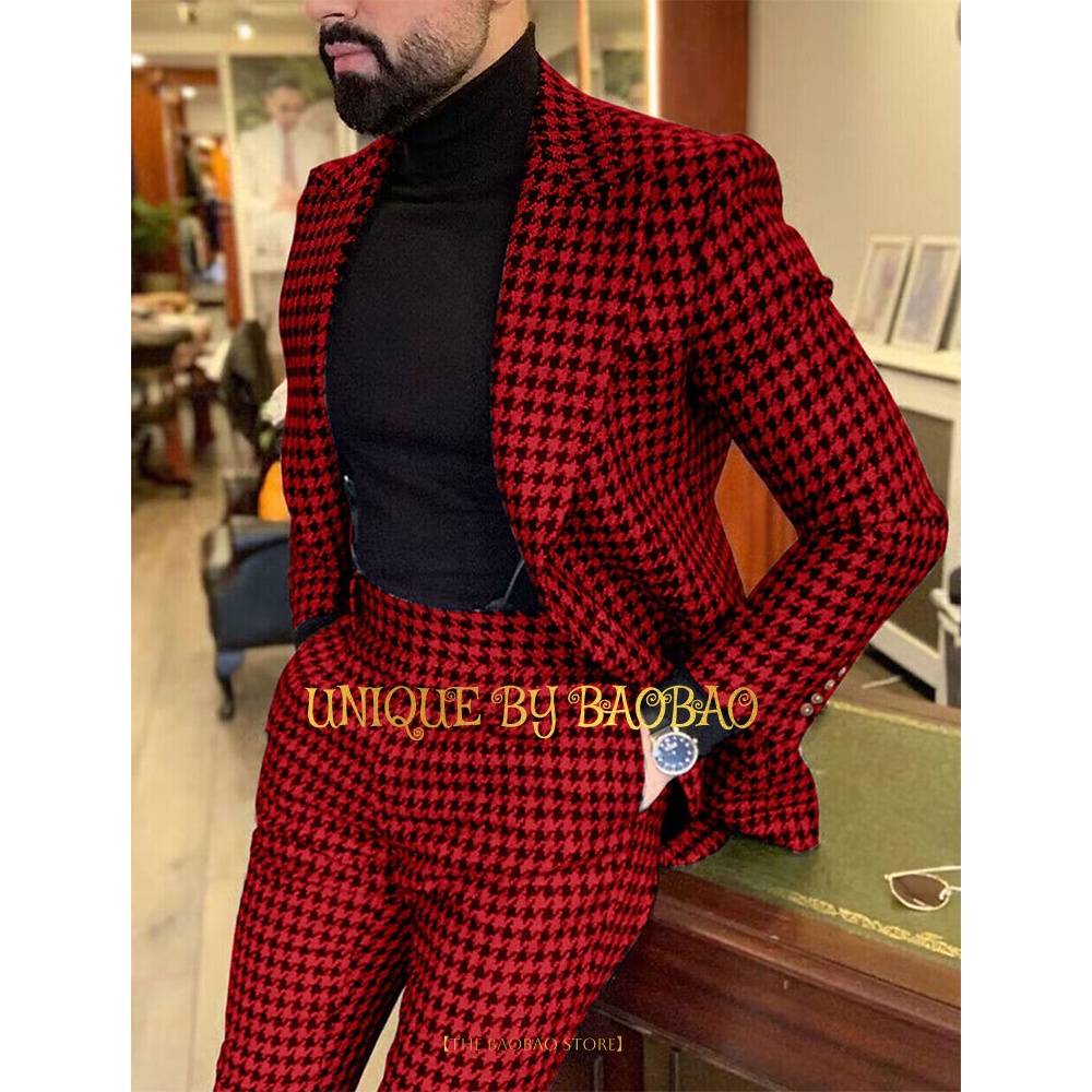 Red Men'S Suits Tweed Houndstooth Plaid  eck Wedding Tuxedo 2 Piece Set Jacket & Pants Fashion