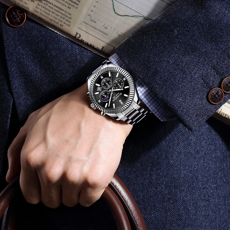 Guanqin Sapphire Steel Shell Quartz Watch For Men 30M Waterproof Luminous Sport Chronograph