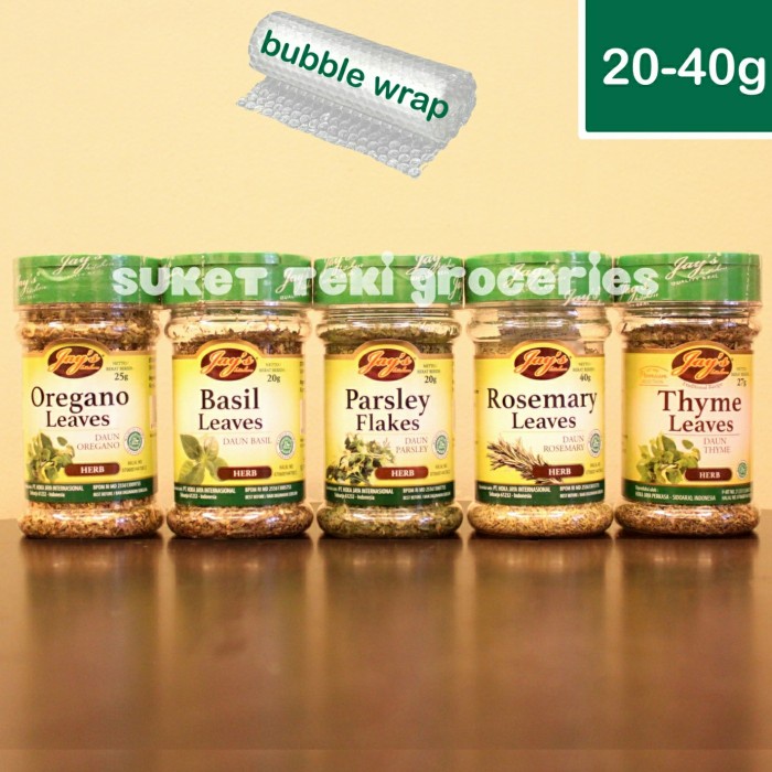 

Jay's Oregano Basil Parsley Rosemary Thyme Leaves Bumbu Rempah Botol