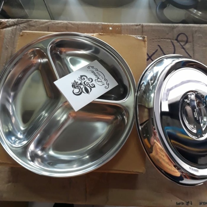 Plato stainless sekat 3 (tempat makan & tutup)