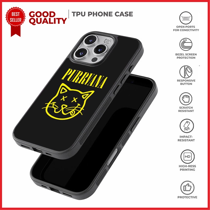 Case Casing iPhone 16 15 14 13 12 11 XR SE 4 Pro Max Mini Plus Purrvana Cat Nirvana AH0229 Custom N3