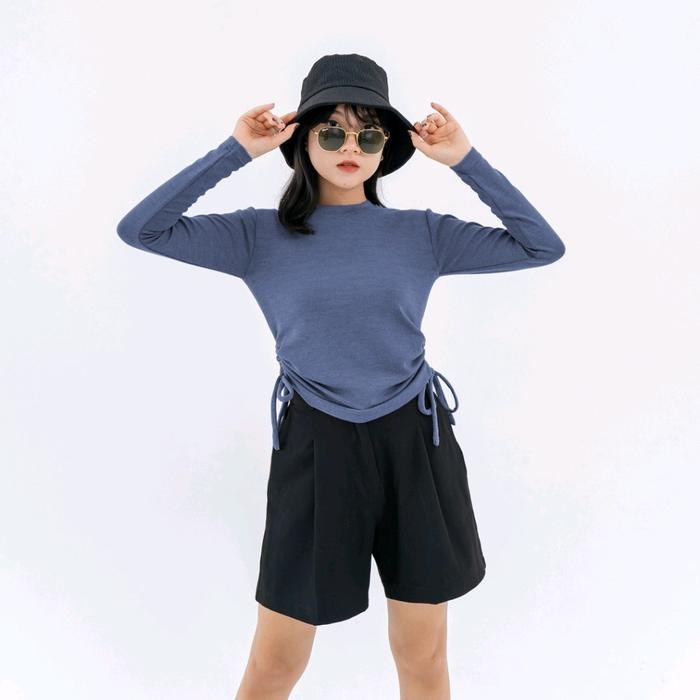 (Excellent) Rib Blouse Crop Serut// kaos Rib Premium Serut Atasan Wanita