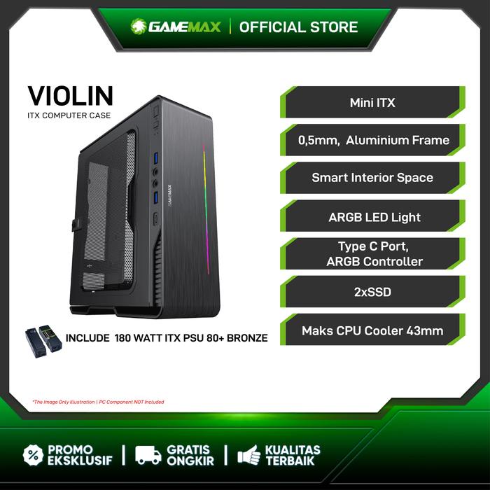 Ready GameMax Violin Black Ultra Slim Mini-ITX PC Case with LED Rainbow