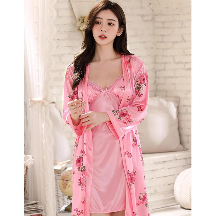 Ready [ Racun Lingerie ] Set Kimono Dress Lingerie 2In1 Piyama Nightwear Wanita Dewasa Motif Flower