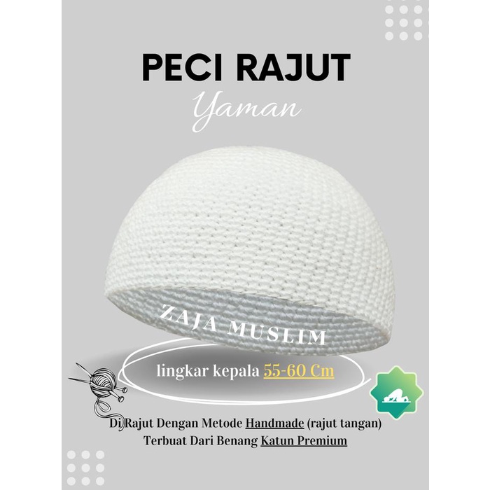 Zaja - Kopiah Haji Model Rajut Yaman Polos Warna Putih Peci Rajut Polos Bahan Tebal Dan Elastis