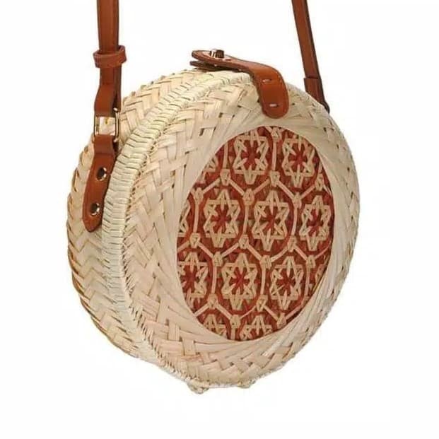 PREMIUM Pulau Bali Tangan Anyaman Bambu Bulat Tas Rotan Jerami Tas Pu Kulit Ba