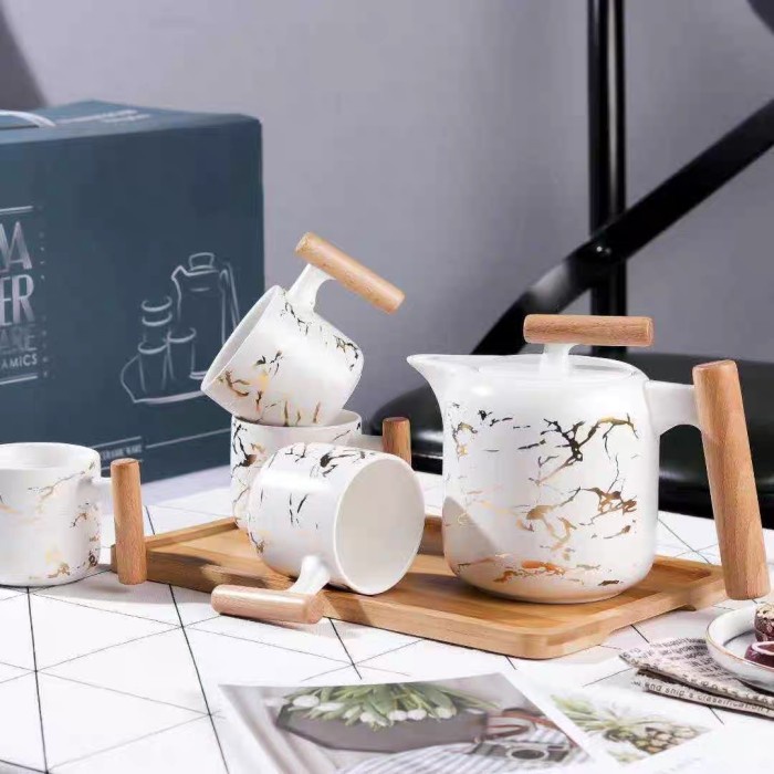 PREMIUM Set Cangkir Motif Marble Keramik Hitam Putih Teko dengan Nampan Kayu