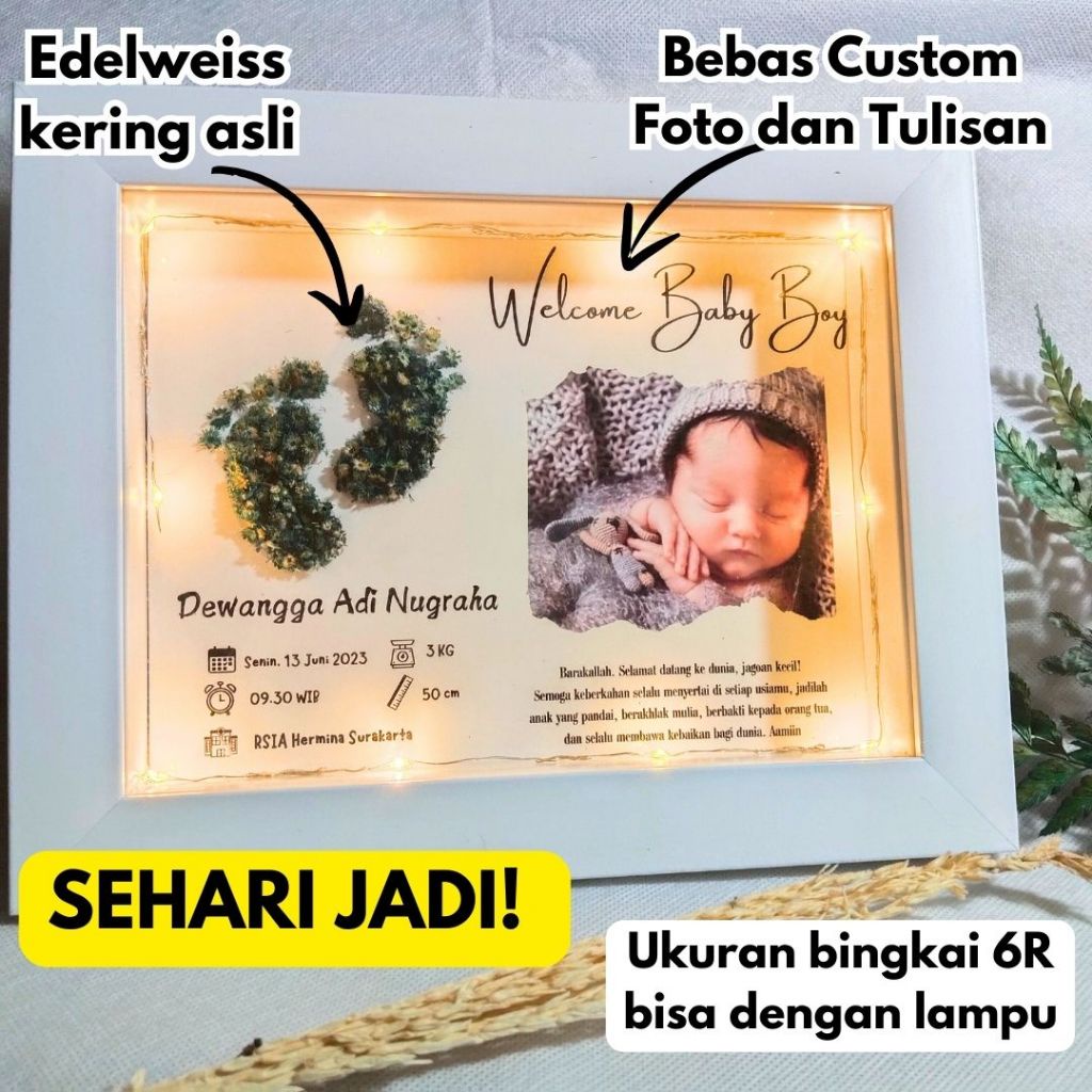 PROMO / FRAME BABY EDELWEISS BINGKAI KACA 6R KADO KELAHIRAN BABY BIODATA ANAK BAYI HAMPERS 3D